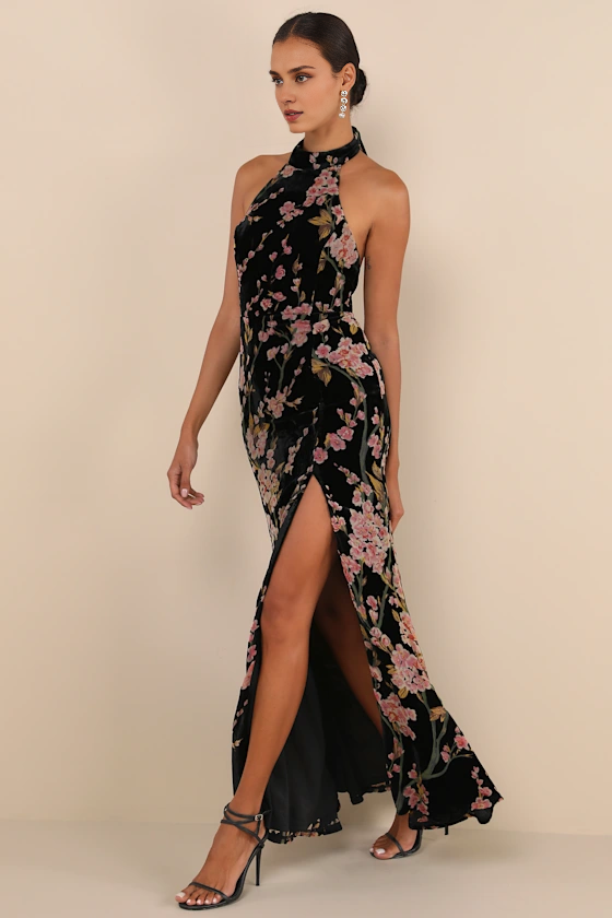 Vestidos formales Weitese para mujer, fabuloso vestido largo sin mangas de terciopelo negro con espalda descubierta y estampado floral de sirena, tiendas de vestidos de fiesta.